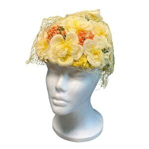 Vintage 1950s Floral Net Hat with Yellow Veil Union Made 23"